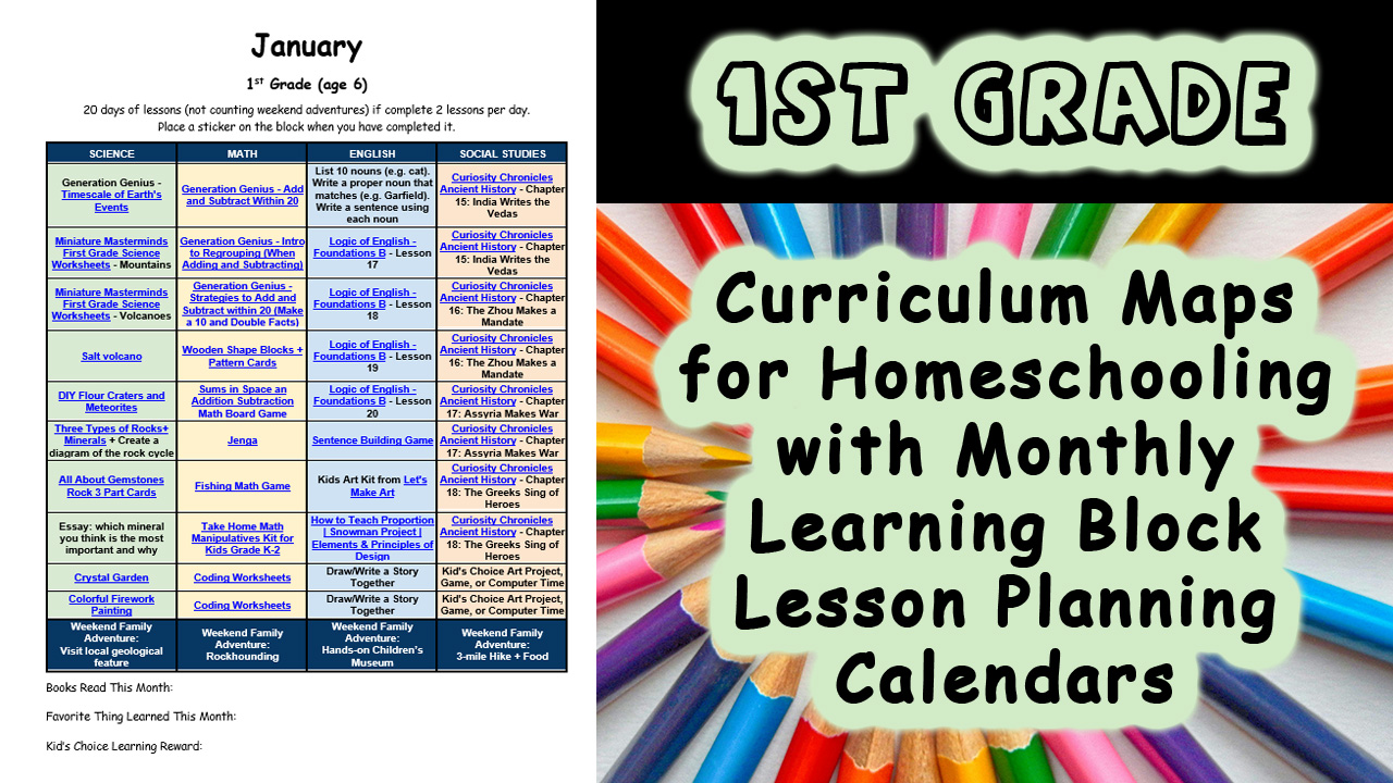 1st Grade Homeschool Curriculum Map Example for Monthly Visual Lesson Planning