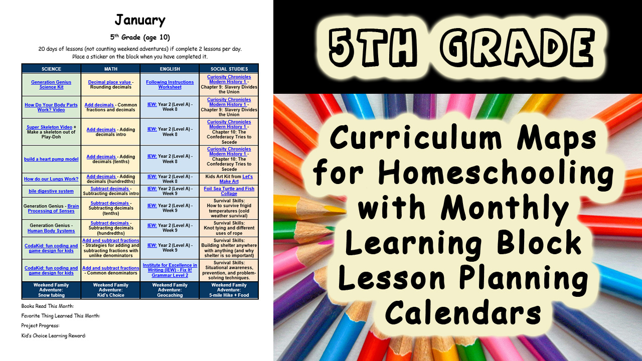 5th Grade Homeschool Curriculum Map Example for Monthly Visual Lesson Planning