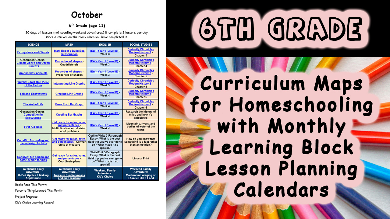 6th Grade Homeschool Curriculum Map Example for Monthly Visual Lesson Planning